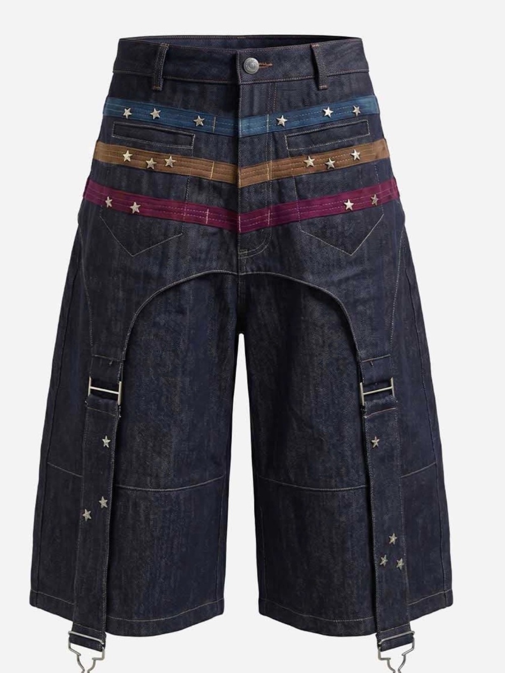 NWOT DND4DES Star-Rivet Harness-Layered Denim Shorts unisex